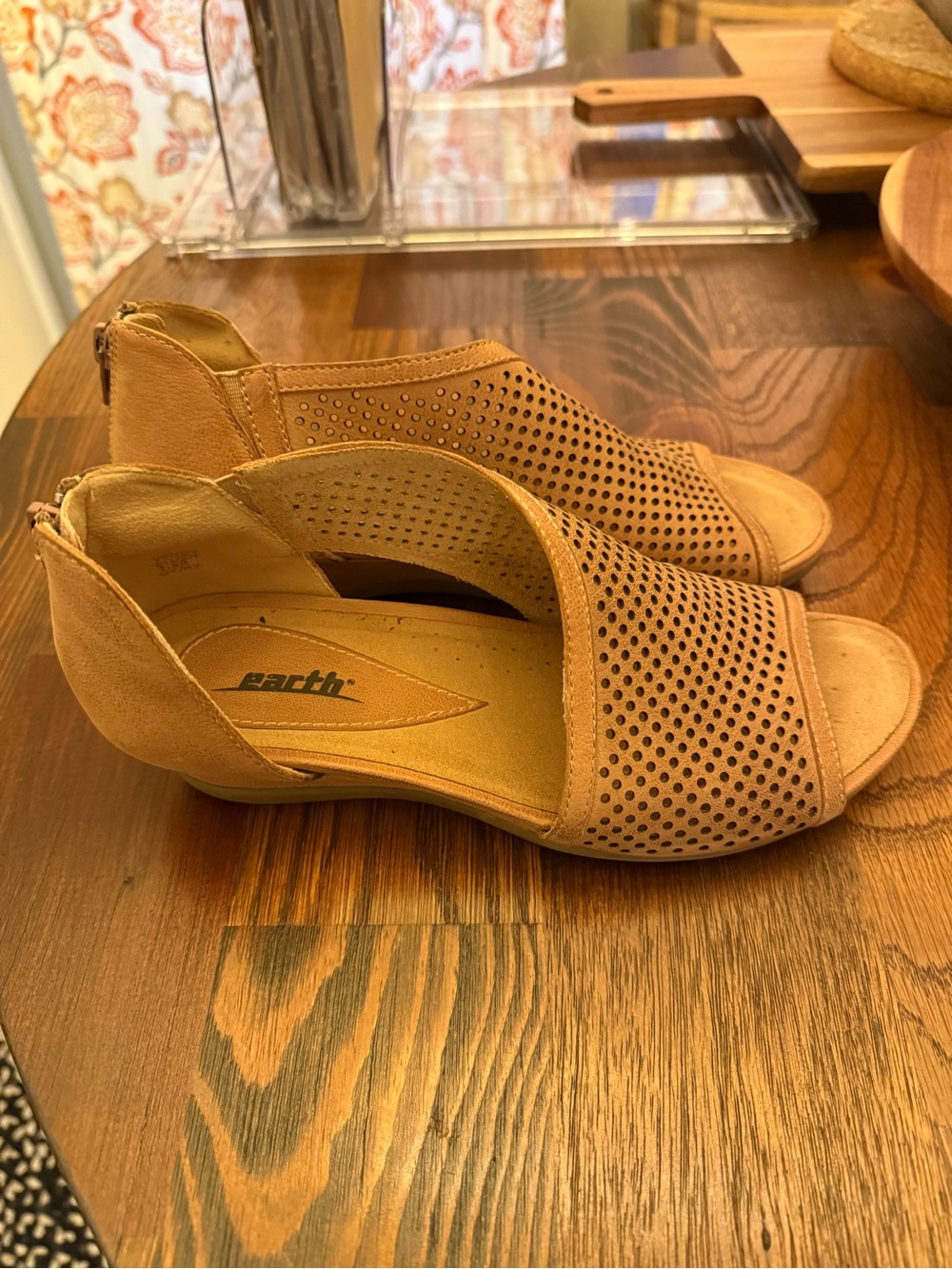 Earth Women’s Tan Perforated Peep-Toe Wedge Sandals